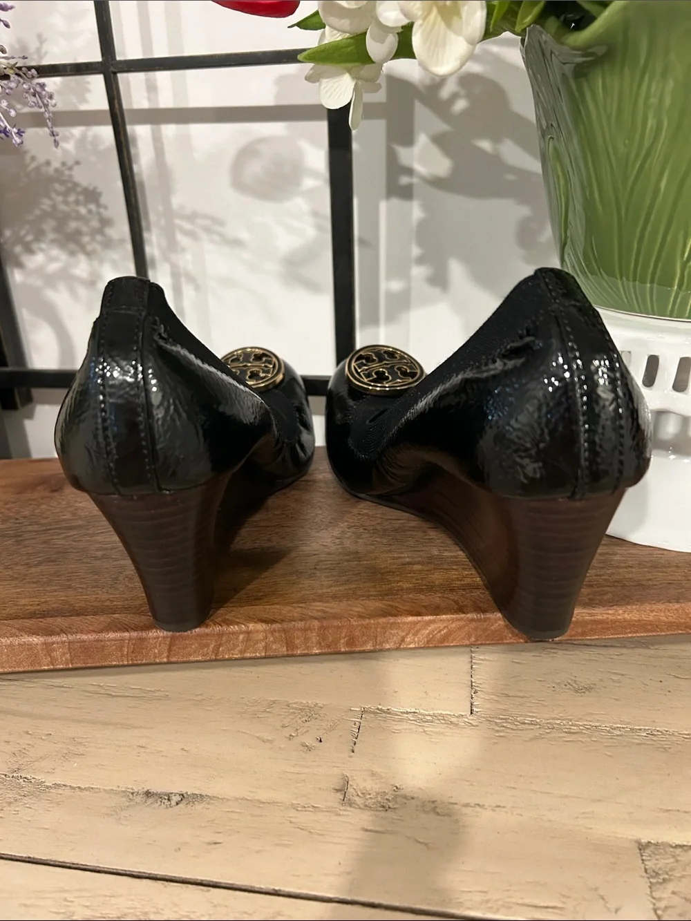 Tory Burch Black Patent Wedge Flats with Gold Logo Medallion